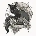 occult black cat sitting with witch sorrunded by flowers and a moon tattoo design idea