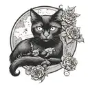 occult black cat sitting with witch sorrunded by flowers and a moon tattoo design idea