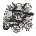 occult black cat sitting with witch sorrunded by flowers and a moon tattoo design idea