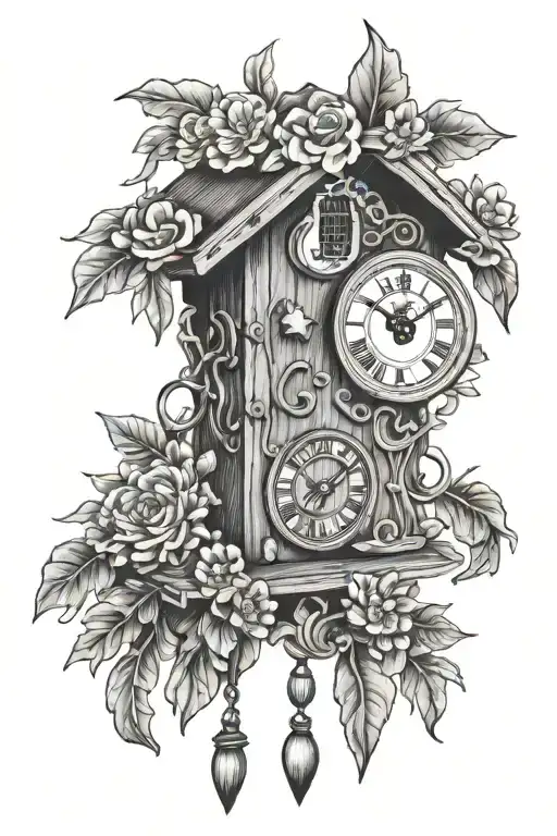 German cuckoo clock  with pretzel and edelweiss flowers  tattoo design idea