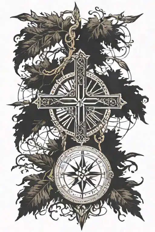 cross, Roman numerals, compass, tree  tattoo design idea