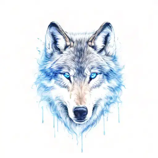 wolf head with glowing blue eyes and a smoke trail tattoo design idea