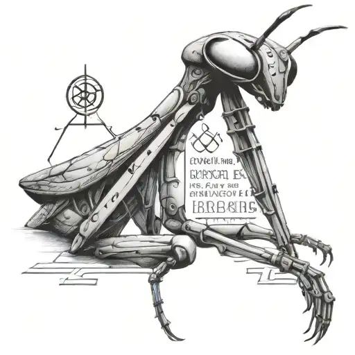 A mantis in a thoughtful pose, surrounded by philosophical symbols and quotes, reflecting the client's interest in philosophy tattoo design idea