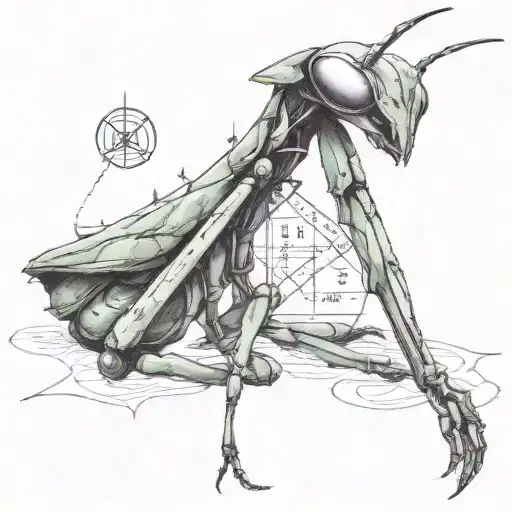 A mantis in a thoughtful pose, surrounded by philosophical symbols and quotes, reflecting the client's interest in philosophy tattoo design idea