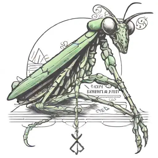 A mantis in a thoughtful pose, surrounded by philosophical symbols and quotes, reflecting the client's interest in philosophy tattoo design idea