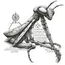 A mantis in a thoughtful pose, surrounded by philosophical symbols and quotes, reflecting the client's interest in philosophy tattoo design idea