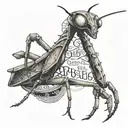 A mantis in a thoughtful pose, surrounded by philosophical symbols and quotes, reflecting the client's interest in philosophy tattoo design idea