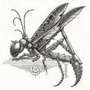 A mantis in a thoughtful pose, surrounded by philosophical symbols and quotes, reflecting the client's interest in philosophy tattoo design idea