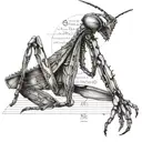 A mantis in a thoughtful pose, surrounded by philosophical symbols and quotes, reflecting the client's interest in philosophy tattoo design idea