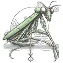 A mantis in a thoughtful pose, surrounded by philosophical symbols and quotes, reflecting the client's interest in philosophy tattoo design idea
