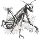 A mantis in a thoughtful pose, surrounded by philosophical symbols and quotes, reflecting the client's interest in philosophy tattoo design idea