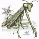 A mantis in a thoughtful pose, surrounded by philosophical symbols and quotes, reflecting the client's interest in philosophy tattoo design idea