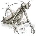 A mantis in a thoughtful pose, surrounded by philosophical symbols and quotes, reflecting the client's interest in philosophy tattoo design idea