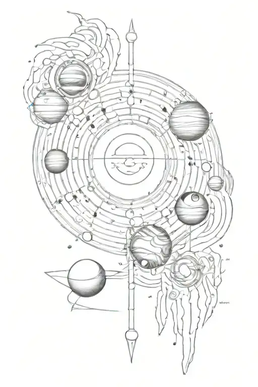 realistic solar system, greeks gods, eyes, music tattoo design idea