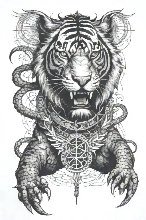 Incorporate a vegvisir symbol into a sketch-style tattoo featuring a dragon and tiger roaming, sak yant symbols tattoo design idea