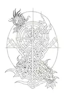 Incorporate a vegvisir symbol into a sketch-style tattoo featuring a dragon and tiger roaming, sak yant symbols tattoo design idea
