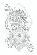 Incorporate a vegvisir symbol into a sketch-style tattoo featuring a dragon and tiger roaming, sak yant symbols tattoo design idea