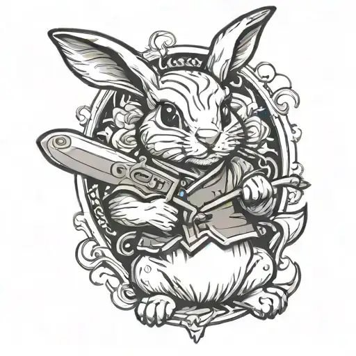cute bunny holding a buck knife   tattoo design idea