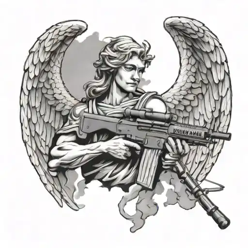 angel with ak47 near clouds tattoo design idea