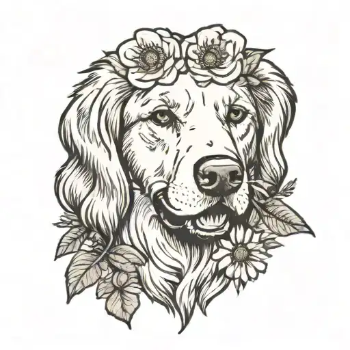 golden retriever happy face with flowers tattoo design idea