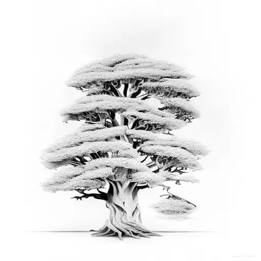 Cypress tree intertwined with chestnut tree with arbutus flowers at the base tattoo design idea