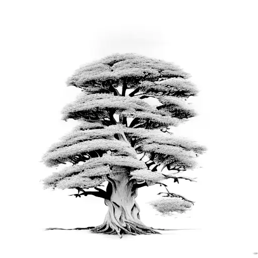 Cypress tree intertwined with chestnut tree with arbutus flowers at the base tattoo design idea