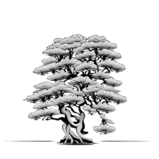 Cypress tree intertwined with chestnut tree with arbutus flowers at the base tattoo design idea