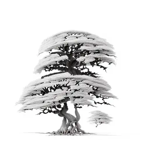 Cypress tree intertwined with chestnut tree with arbutus flowers at the base tattoo design idea