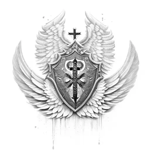 A fierce warrior angel with wings spread wide, holding a shield emblazoned with a cross tattoo design idea