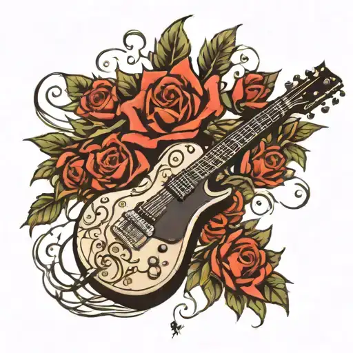 Eletric guitar with a black rose at the top with thorns going down tattoo design idea