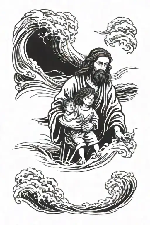 Jesus Christ guiding his child through rough waters tattoo design idea