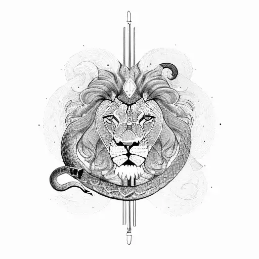 A lion and a snake entwined around a traditional Persian music instrument, with a mountain backdrop tattoo design idea