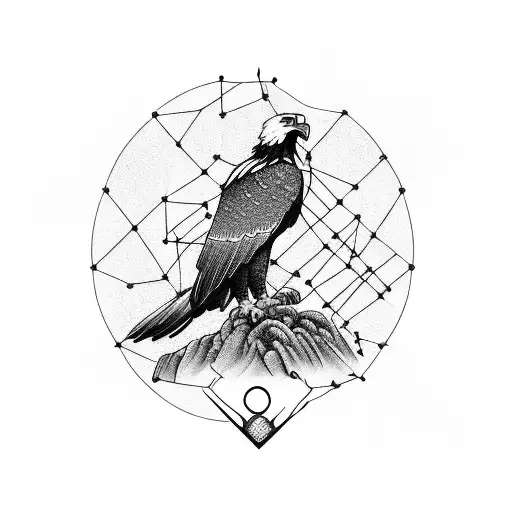 A majestic eagle perched on a bonsai tree, with DNA strands intertwined in its feathers tattoo design idea