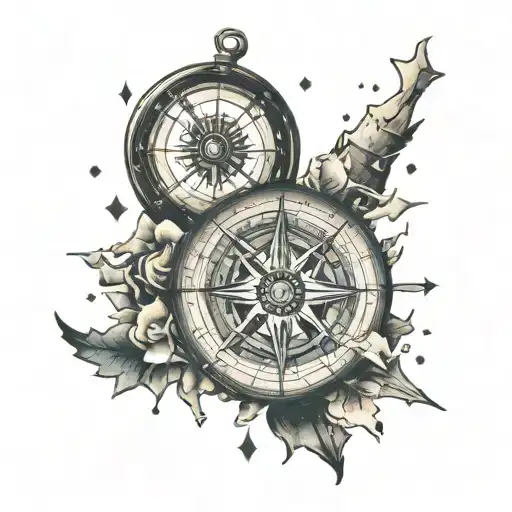 broken compass with pieces floating off into space tattoo design idea