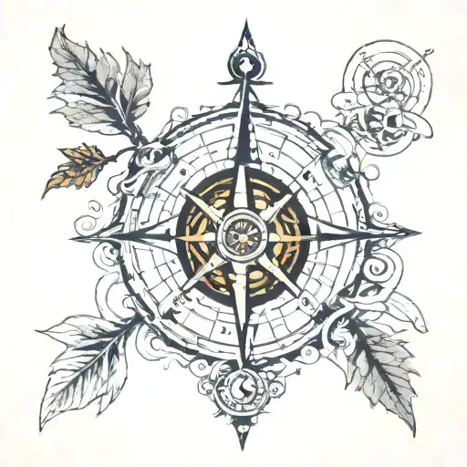 broken compass with pieces floatong off, tree of lifw tattoo design idea