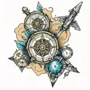 broken compass with pieces floating off into space tattoo design idea