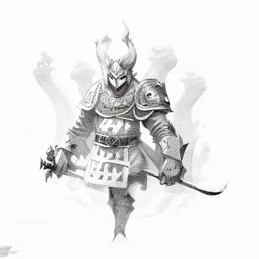 A plate of delicious food transformed into RPG characters fighting monsters tattoo design idea