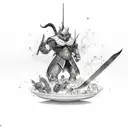 A plate of delicious food transformed into RPG characters fighting monsters tattoo design idea