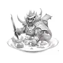 A plate of delicious food transformed into RPG characters fighting monsters tattoo design idea