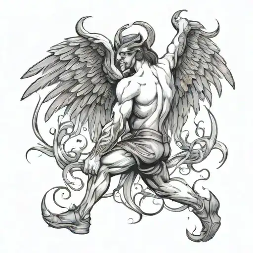 half angel half demon walking away tattoo design idea