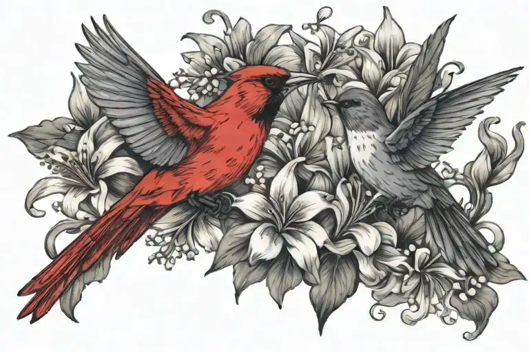 cardinal and humming bird in daisies and lilly of the valley tattoo design idea