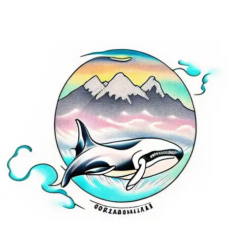 Orca, diving, swiss mountains, family tattoo design idea