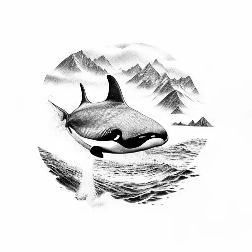 Orca, diving, swiss mountains, family tattoo design idea