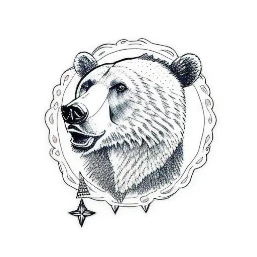 a bear drawn in profile as a spirit with two stars above it tattoo design idea