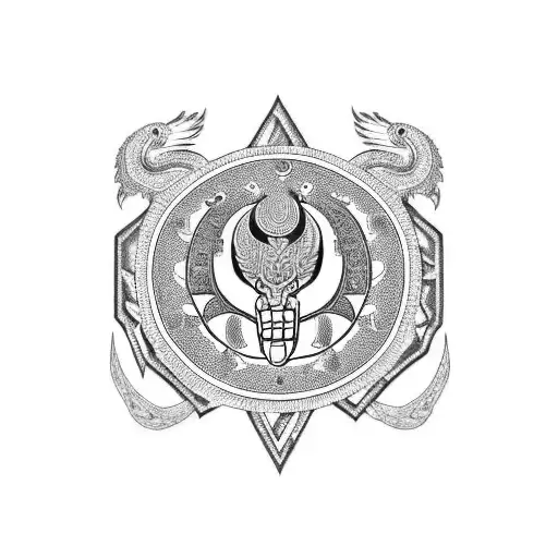 A blackwork tattoo of an Aztec feathered serpent with insurance symbols in its scales tattoo design idea