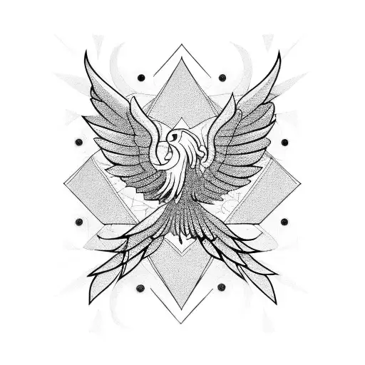 phoenix flying forward, symmetrical, geometric tattoo design idea