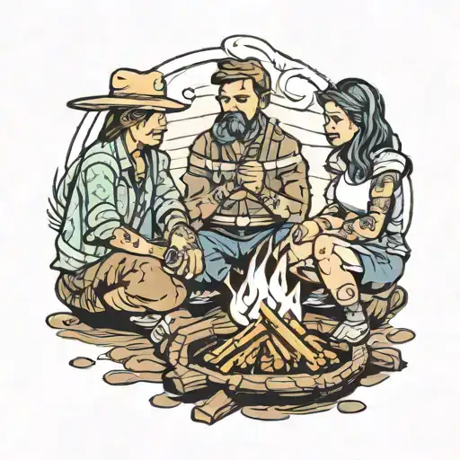 four people around a campfire  tattoo design idea