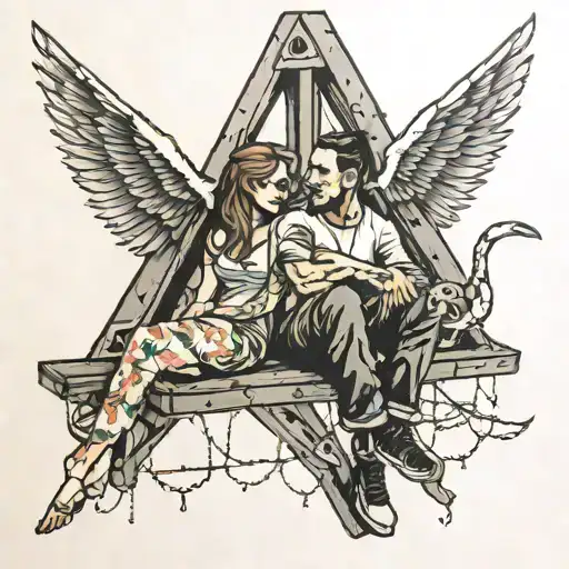 two people sitting in the rafters tattoo design idea