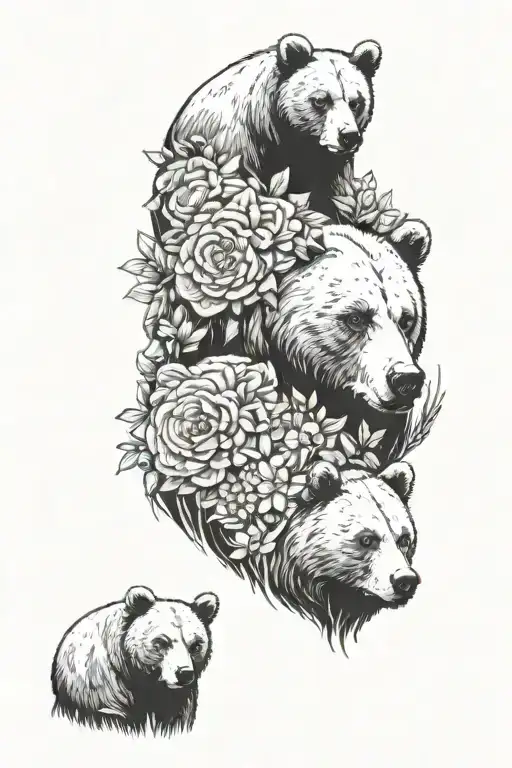 momma and daddy bear with 3 cubs with wild flowers sleeve  tattoo design idea