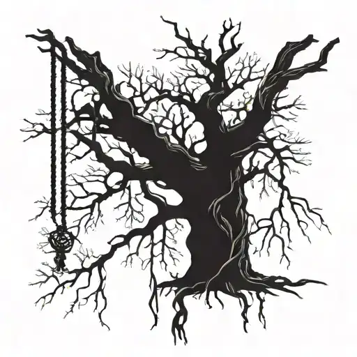 A treee with root, noose hanging from branch representing a different family tattoo design idea